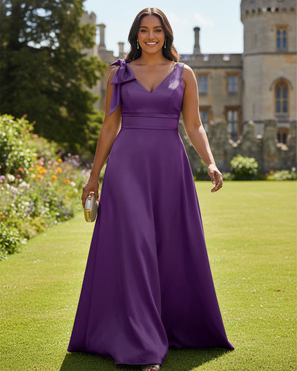 A Line V Neck Sleeveless Bow Satin Bridesmaid Dresses