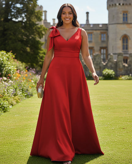 A Line V Neck Sleeveless Bow Satin Bridesmaid Dresses