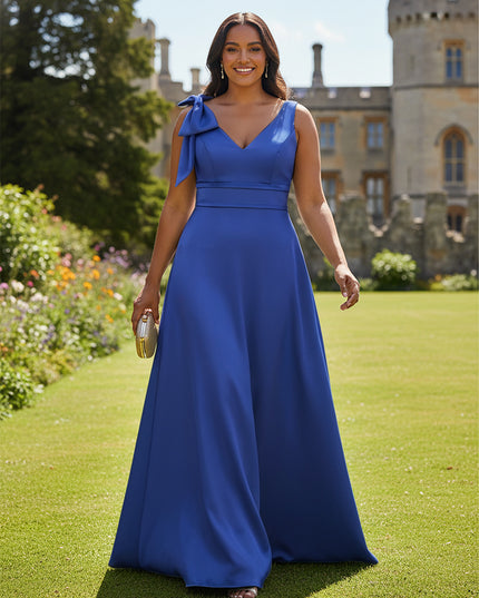 A Line V Neck Sleeveless Bow Satin Bridesmaid Dresses