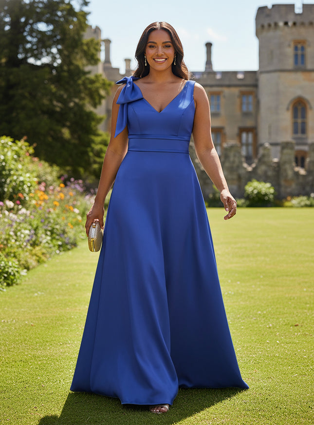 A Line V Neck Sleeveless Bow Satin Bridesmaid Dresses