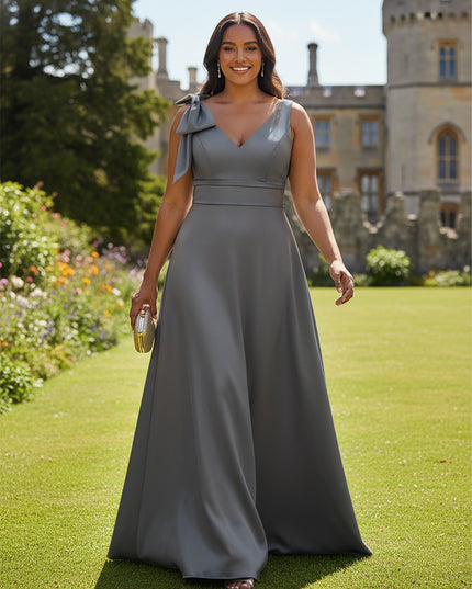 A Line V Neck Sleeveless Bow Satin Bridesmaid Dresses