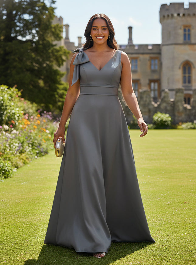 A Line V Neck Sleeveless Bow Satin Bridesmaid Dresses