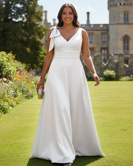 A Line V Neck Sleeveless Bow Satin Bridesmaid Dresses