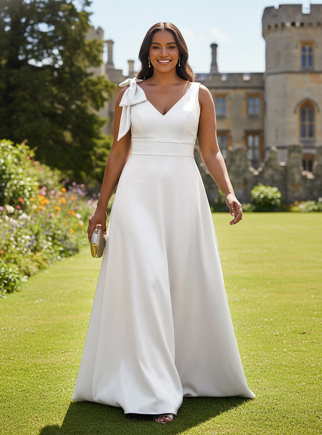 A Line V Neck Sleeveless Bow Satin Bridesmaid Dresses