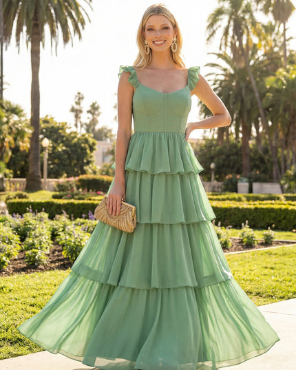 A Line Sleeveless Pleated Chiffon Spaghetti Straps Ruffles Bridesmaid Dresses