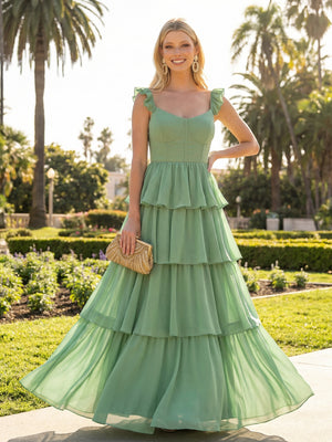 A Line Sleeveless Pleated Chiffon Spaghetti Straps Ruffles Bridesmaid Dresses