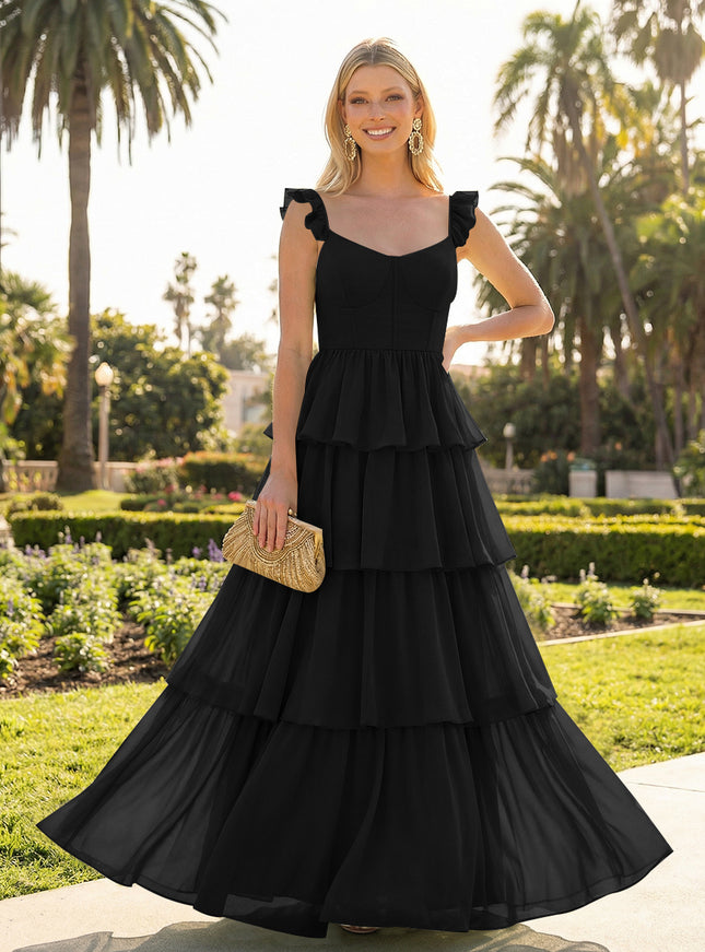 A Line Sleeveless Pleated Chiffon Spaghetti Straps Ruffles Bridesmaid Dresses