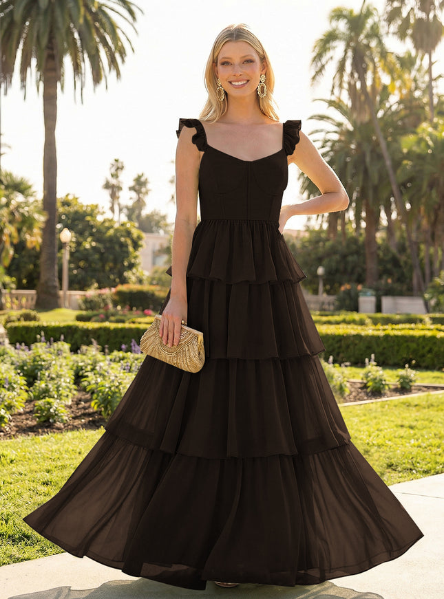 A Line Sleeveless Pleated Chiffon Spaghetti Straps Ruffles Bridesmaid Dresses