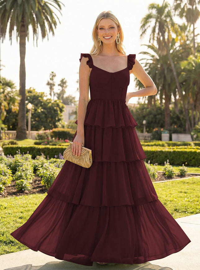 A Line Sleeveless Pleated Chiffon Spaghetti Straps Ruffles Bridesmaid Dresses