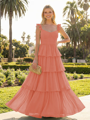A Line Sleeveless Pleated Chiffon Spaghetti Straps Ruffles Bridesmaid Dresses