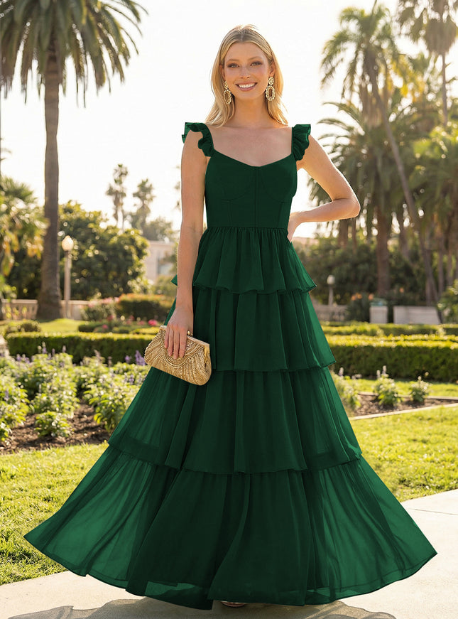 A Line Sleeveless Pleated Chiffon Spaghetti Straps Ruffles Bridesmaid Dresses