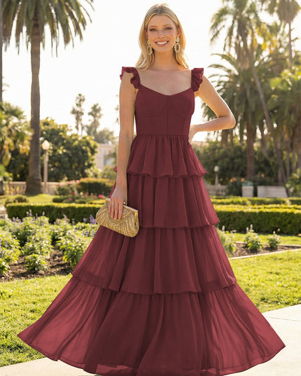 A Line Sleeveless Pleated Chiffon Spaghetti Straps Ruffles Bridesmaid Dresses