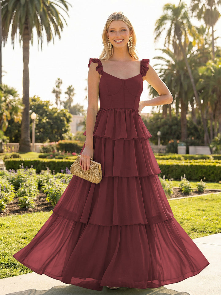 A Line Sleeveless Pleated Chiffon Spaghetti Straps Ruffles Bridesmaid Dresses