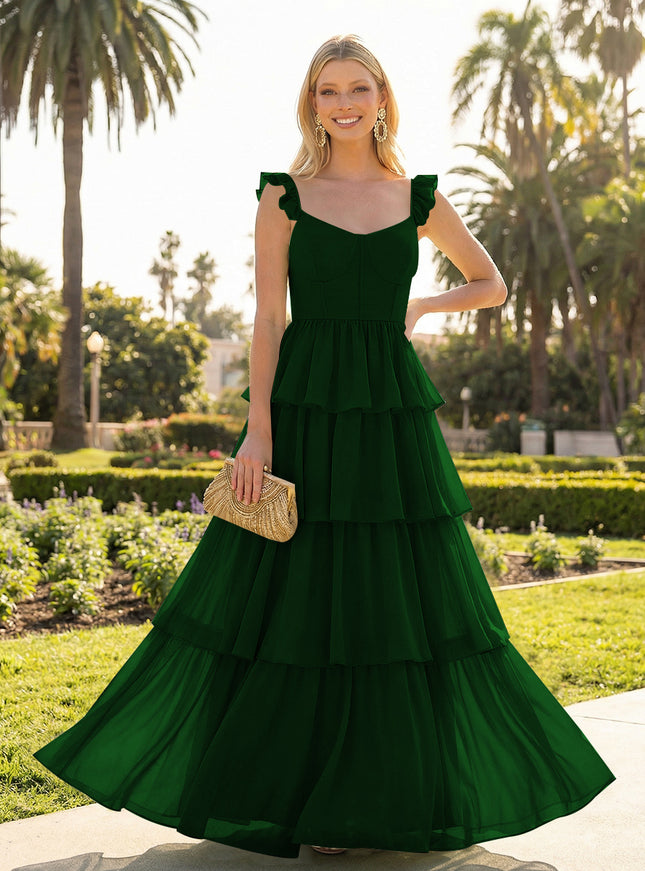 A Line Sleeveless Pleated Chiffon Spaghetti Straps Ruffles Bridesmaid Dresses