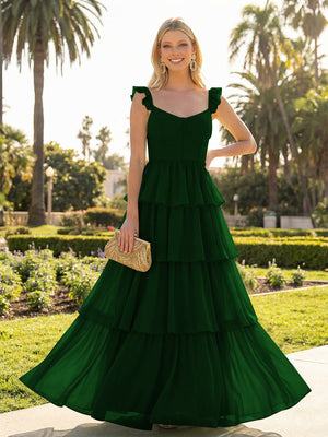 A Line Sleeveless Pleated Chiffon Spaghetti Straps Ruffles Bridesmaid Dresses