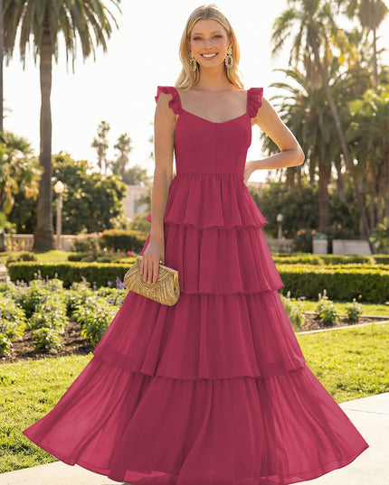 A Line Sleeveless Pleated Chiffon Spaghetti Straps Ruffles Bridesmaid Dresses