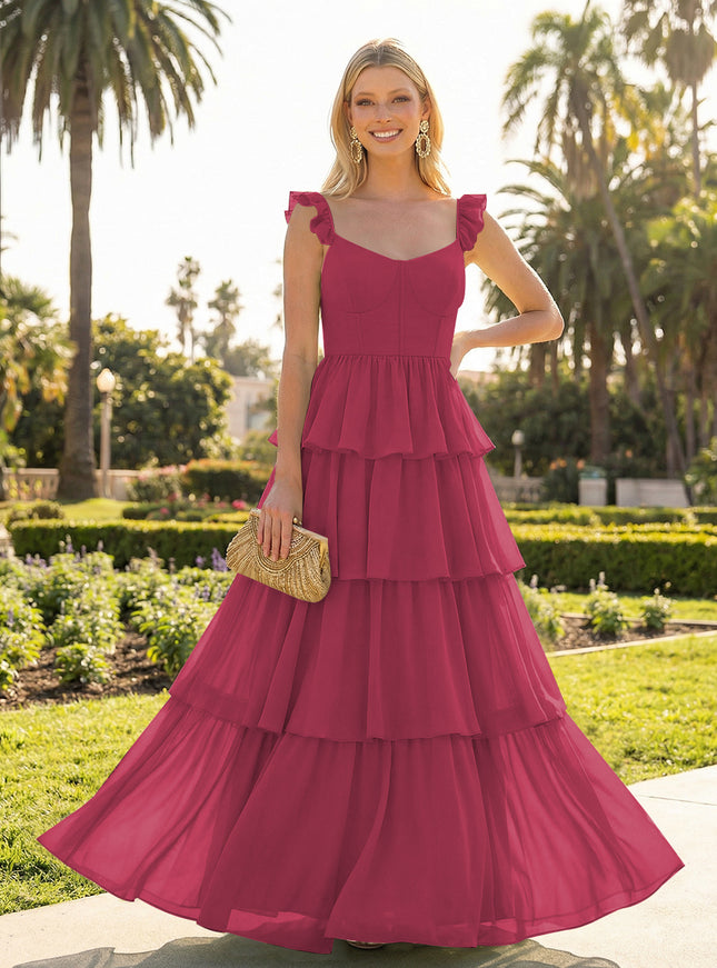 A Line Sleeveless Pleated Chiffon Spaghetti Straps Ruffles Bridesmaid Dresses