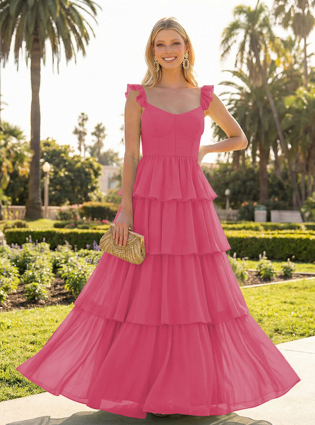 A Line Sleeveless Pleated Chiffon Spaghetti Straps Ruffles Bridesmaid Dresses