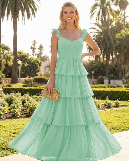 A Line Sleeveless Pleated Chiffon Spaghetti Straps Ruffles Bridesmaid Dresses