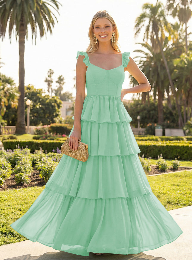 A Line Sleeveless Pleated Chiffon Spaghetti Straps Ruffles Bridesmaid Dresses