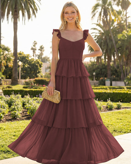 A Line Sleeveless Pleated Chiffon Spaghetti Straps Ruffles Bridesmaid Dresses