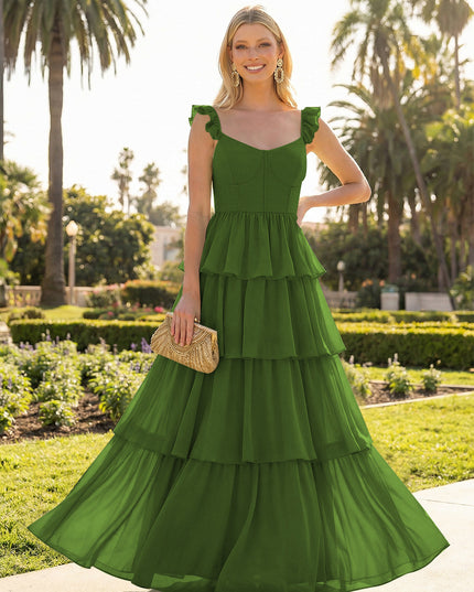 A Line Sleeveless Pleated Chiffon Spaghetti Straps Ruffles Bridesmaid Dresses