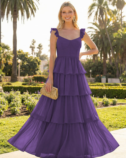A Line Sleeveless Pleated Chiffon Spaghetti Straps Ruffles Bridesmaid Dresses