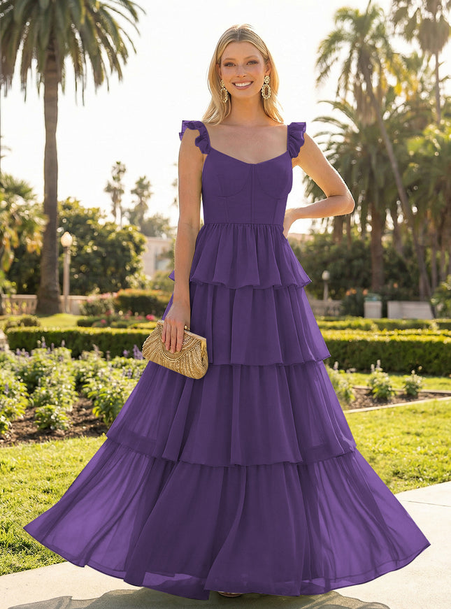 A Line Sleeveless Pleated Chiffon Spaghetti Straps Ruffles Bridesmaid Dresses
