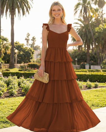 A Line Sleeveless Pleated Chiffon Spaghetti Straps Ruffles Bridesmaid Dresses