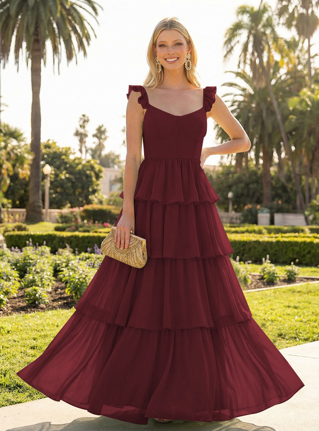 A Line Sleeveless Pleated Chiffon Spaghetti Straps Ruffles Bridesmaid Dresses