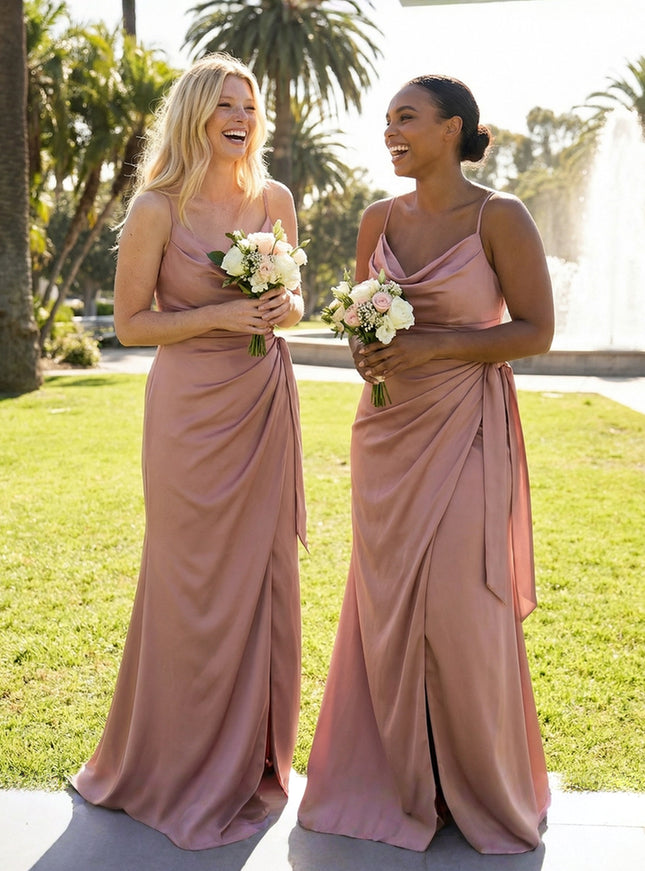 Mermaid Sleeveless Pleated Satin Spaghetti Straps Cowl Neck Bridesmaid Dresses