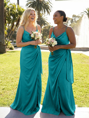 Mermaid Sleeveless Pleated Satin Spaghetti Straps Cowl Neck Bridesmaid Dresses