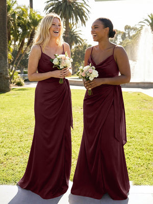 Mermaid Sleeveless Pleated Satin Spaghetti Straps Cowl Neck Bridesmaid Dresses