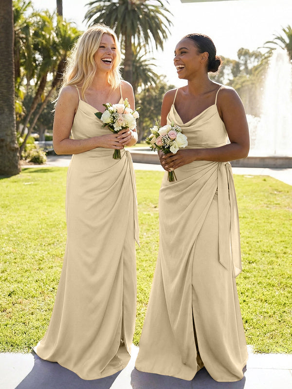 Mermaid Sleeveless Pleated Satin Spaghetti Straps Cowl Neck Bridesmaid Dresses