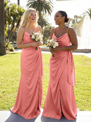 Mermaid Sleeveless Pleated Satin Spaghetti Straps Cowl Neck Bridesmaid Dresses