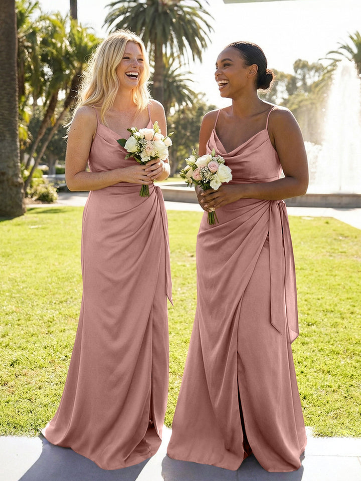 Mermaid Sleeveless Pleated Satin Spaghetti Straps Cowl Neck Bridesmaid Dresses