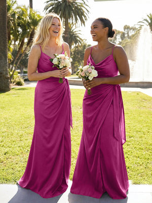 Mermaid Sleeveless Pleated Satin Spaghetti Straps Cowl Neck Bridesmaid Dresses