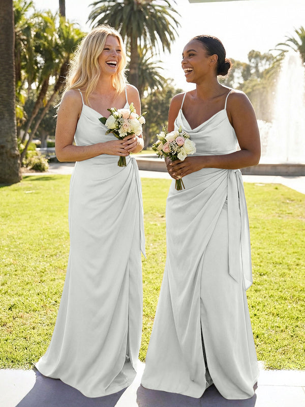 Mermaid Sleeveless Pleated Satin Spaghetti Straps Cowl Neck Bridesmaid Dresses