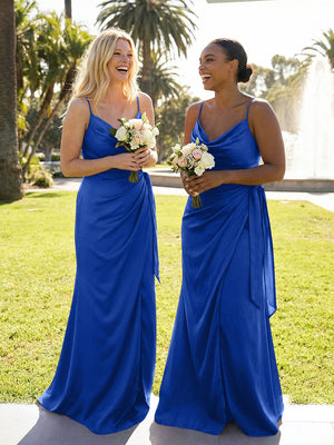 Mermaid Sleeveless Pleated Satin Spaghetti Straps Cowl Neck Bridesmaid Dresses