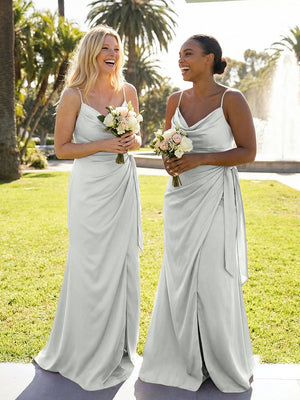 Mermaid Sleeveless Pleated Satin Spaghetti Straps Cowl Neck Bridesmaid Dresses