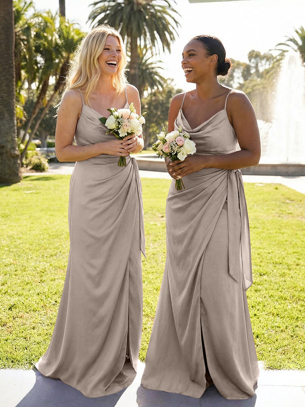 Mermaid Sleeveless Pleated Satin Spaghetti Straps Cowl Neck Bridesmaid Dresses