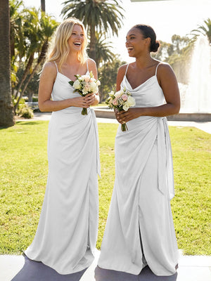 Mermaid Sleeveless Pleated Satin Spaghetti Straps Cowl Neck Bridesmaid Dresses