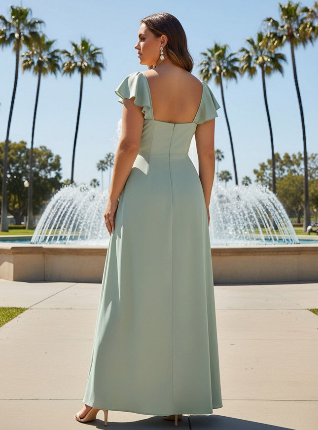 A Line Sleeveless Chiffon Spaghetti Straps Pleated Bridesmaid Dresses with Slit