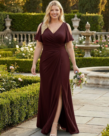 A Line V Neck Short Sleeves Chiffon Bridesmaid Dresses with Slit