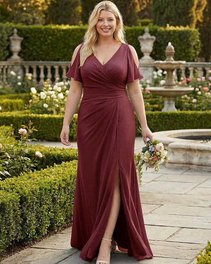 A Line V Neck Short Sleeves Chiffon Bridesmaid Dresses with Slit