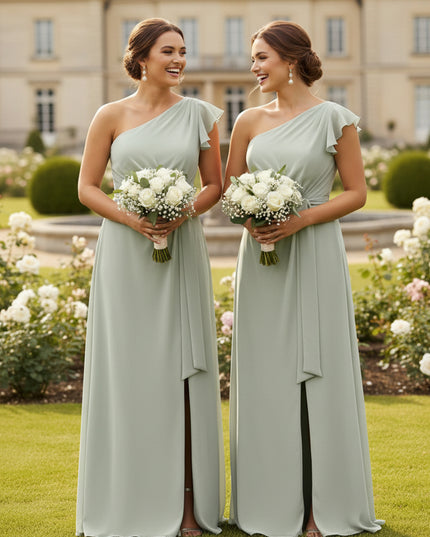 A Line One Shoulder Ruffles Chiffon Bridesmaid Dresses with Slit