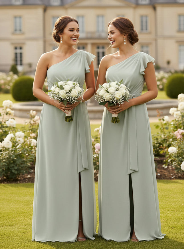 A Line One Shoulder Ruffles Chiffon Bridesmaid Dresses with Slit