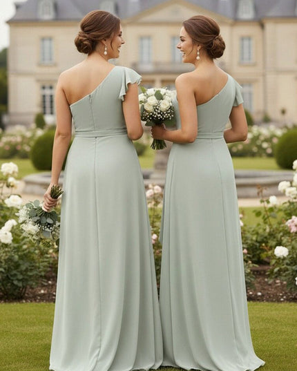 A Line One Shoulder Ruffles Chiffon Bridesmaid Dresses with Slit