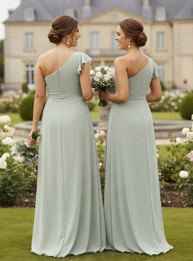 A Line One Shoulder Ruffles Chiffon Bridesmaid Dresses with Slit