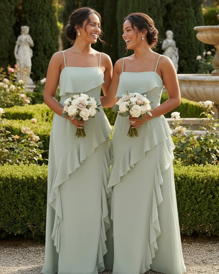 Chiffon Spaghetti Straps Square Neck Ruffles Bridesmaid Dresses